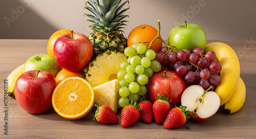 Fototapeta Naklejka Na Ścianę i Meble -  A colorful assortment of fresh fruits including apples, oranges, grapes, and pineapple arranged together in bright lighting, creating a vibrant and healthy food display.