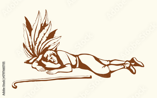 Vector drawing. Ancient sleeping man