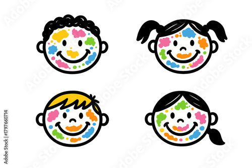 Diverse group of happy children faces covered in bright paint splatters