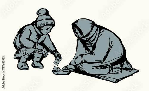 Vector Drawing. Girl Giving Alms to a Beggar