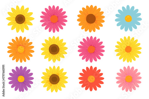 Brightly colored floral pattern elements featuring various stylized daisy and sunflower shapes