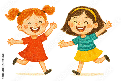 Two cheerful young girls running and playing together with big smiles and open arms