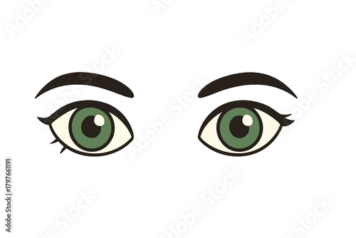 Expressive cartoon eyes with bright green irises and thick black eyebrows on white background