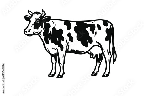 Black and white dairy cow standing in profile view showing udder and horns