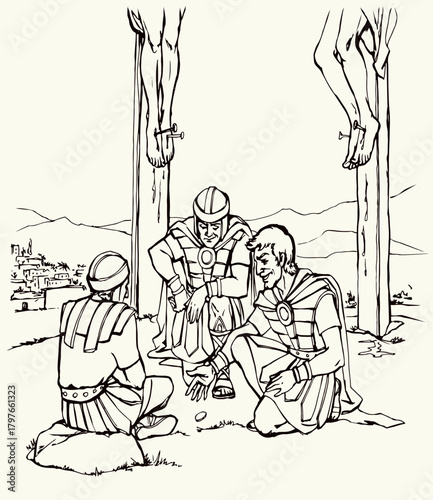 Vector drawing. Soldiers at the cross.