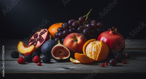 Fototapeta Naklejka Na Ścianę i Meble -  A dramatic still-life composition of various fresh fruits placed on a dark surface with moody lighting, creating a premium food photography aesthetic.