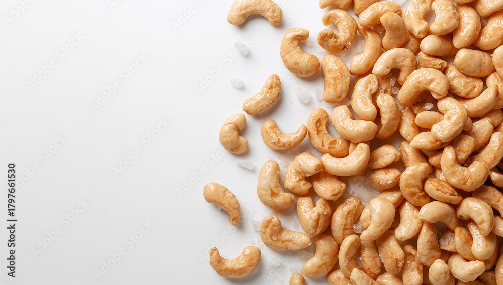 Fototapeta premium Salted cashew nuts against a white backdrop, fiber-dense choice