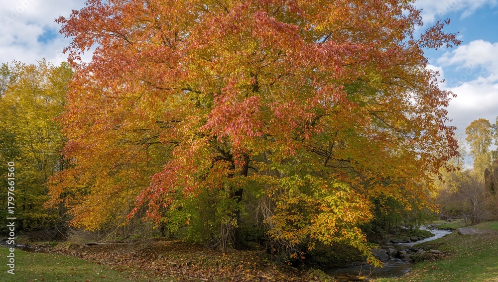 Fototapeta premium Vibrant autumn leaves on the branches, seasonal change