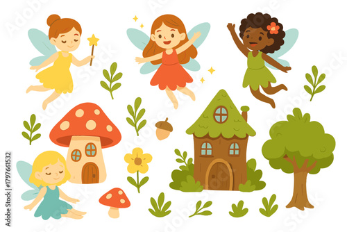 Set of adorable magical fairies flying and sitting near fantasy forest houses