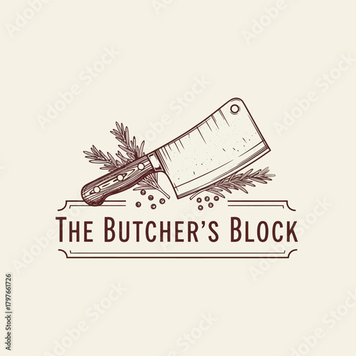 Hand drawn meat cleaver illustration for a butcher shop logo.