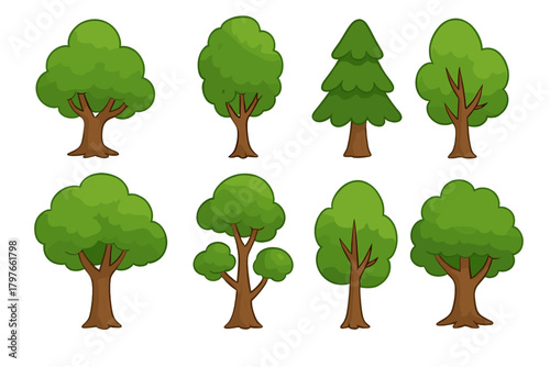 Large collection of various stylized green deciduous and evergreen trees isolated on a white background