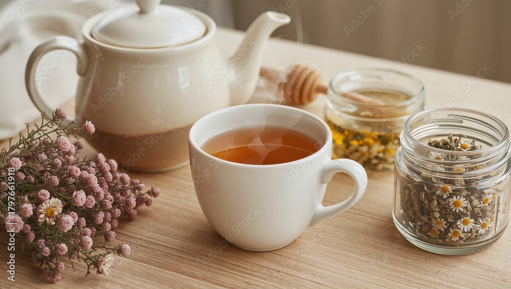 Naklejka premium Chamomile tea served in a white cup, highlighting its calming properties