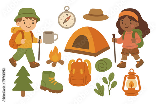 Happy children hiking with backpacks and essential camping gear for outdoor adventure