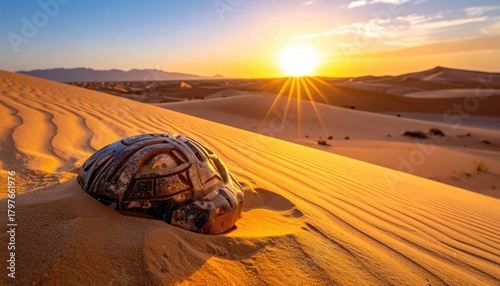 Fototapeta Naklejka Na Ścianę i Meble -  Desert landscape at sunrise with rolling sand dunes and a textured object half-buried in the sand