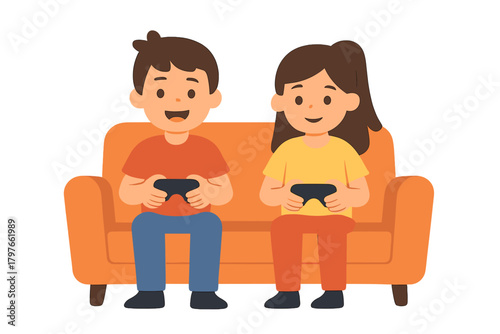 Two smiling kids sitting on a sofa holding gamepads and enjoying competitive gaming