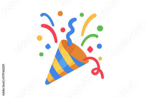 Colorful striped party popper exploding with confetti and streamers for celebration events