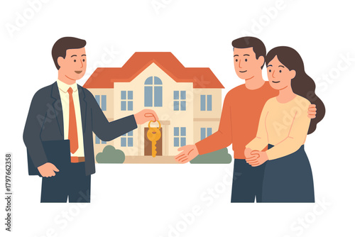 Real estate agent giving house keys to happy young couple standing in front of a new home purchase