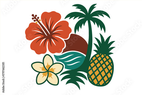 Vibrant tropical composition featuring hibiscus, plumeria, pineapple, and palm tree elements