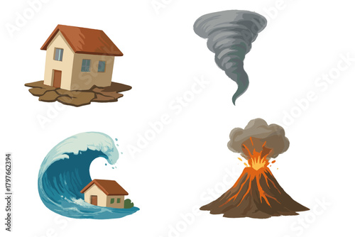 Four natural disaster symbols: earthquake, tornado, tsunami, and volcano eruption