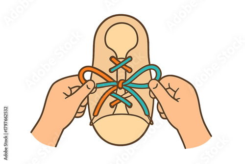 Step-by-step process of tying colorful shoelaces into a perfect bow knot on a light brown shoe