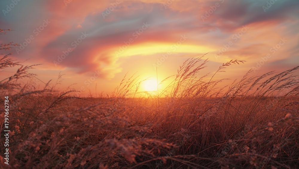Fototapeta premium Beautiful dry grass silhouetted against a sunset sky
