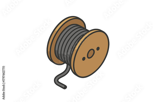 Isometric wooden spool holding electrical wire cable used for construction and industry