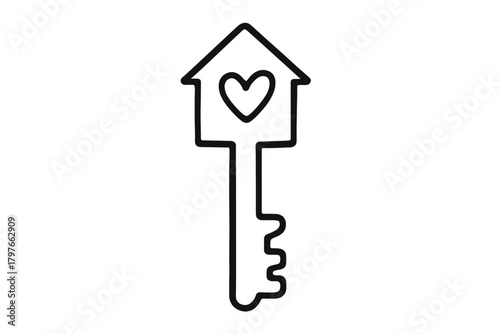 Stylized key icon shaped like a house with a heart representing home ownership and security