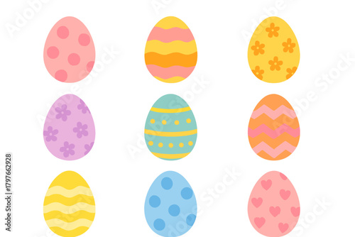 Set of nine pastel colored Easter eggs decorated with various geometric and floral patterns