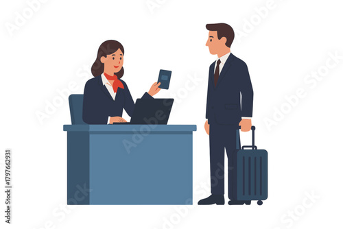 Female employee checking male passenger's passport and luggage at airport desk