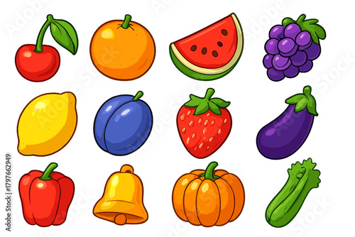 Brightly colored cartoon icons featuring various fruits, vegetables, and a shiny golden bell