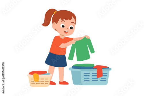 Cheerful young girl sorting clean and dirty clothes into laundry baskets