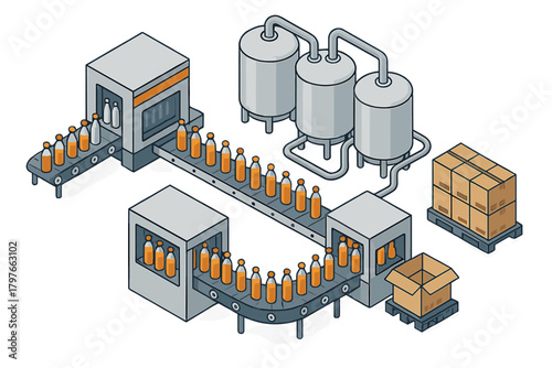 Automated industrial bottling process showing production line, storage tanks, and final packaging