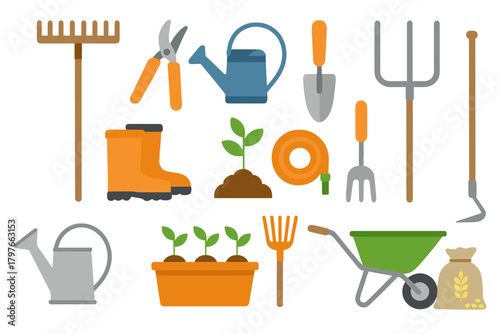 Collection of essential gardening tools and supplies including wheelbarrow, trowel, boots, and seedlings