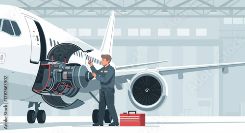 Aviation Technician Inspecting Aircraft Engine In Hangar
