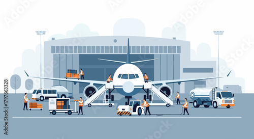 Busy Airport Scene With Airplane and Ground Crew in Action