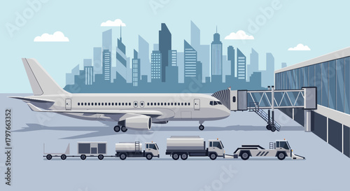 Commercial Airplane At Terminal Gate With Cityscape In Background