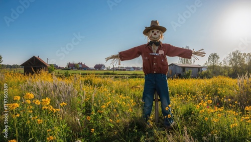 Scarecrow positioned among crops in a countryside setting, promoting agricultural pest control
