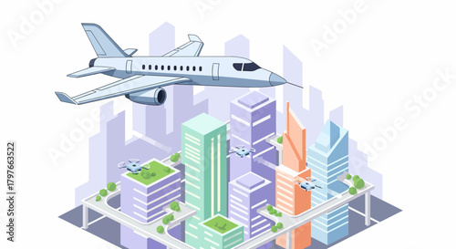 Futuristic Cityscape With Flying Plane And Autonomous Drone Delivery