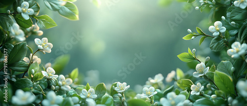 Delicate white flowers and lush green leaves in a serene garden setting under soft natural light ai, flowers, leaves, garden, nature, greenery, bloom, sunlight, serene, petals, tranquil, flora, outdoo