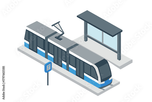 Modern light rail train stopped at a public transit station platform in isometric view