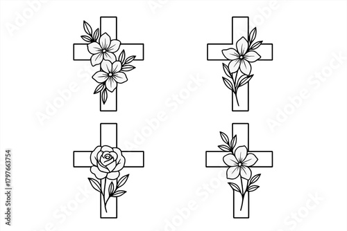 Set of four religious crosses adorned with blooming flowers and delicate leaves
