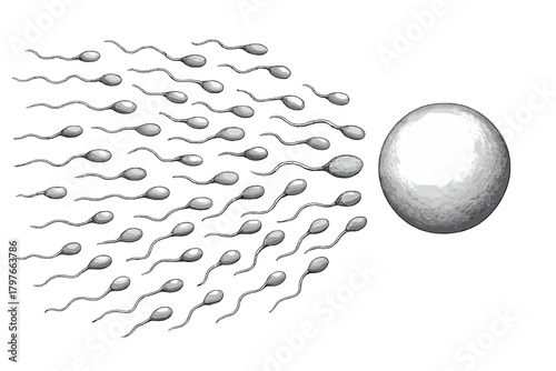 Microscopic sperm cells swimming toward a large ovum during the process of fertilization