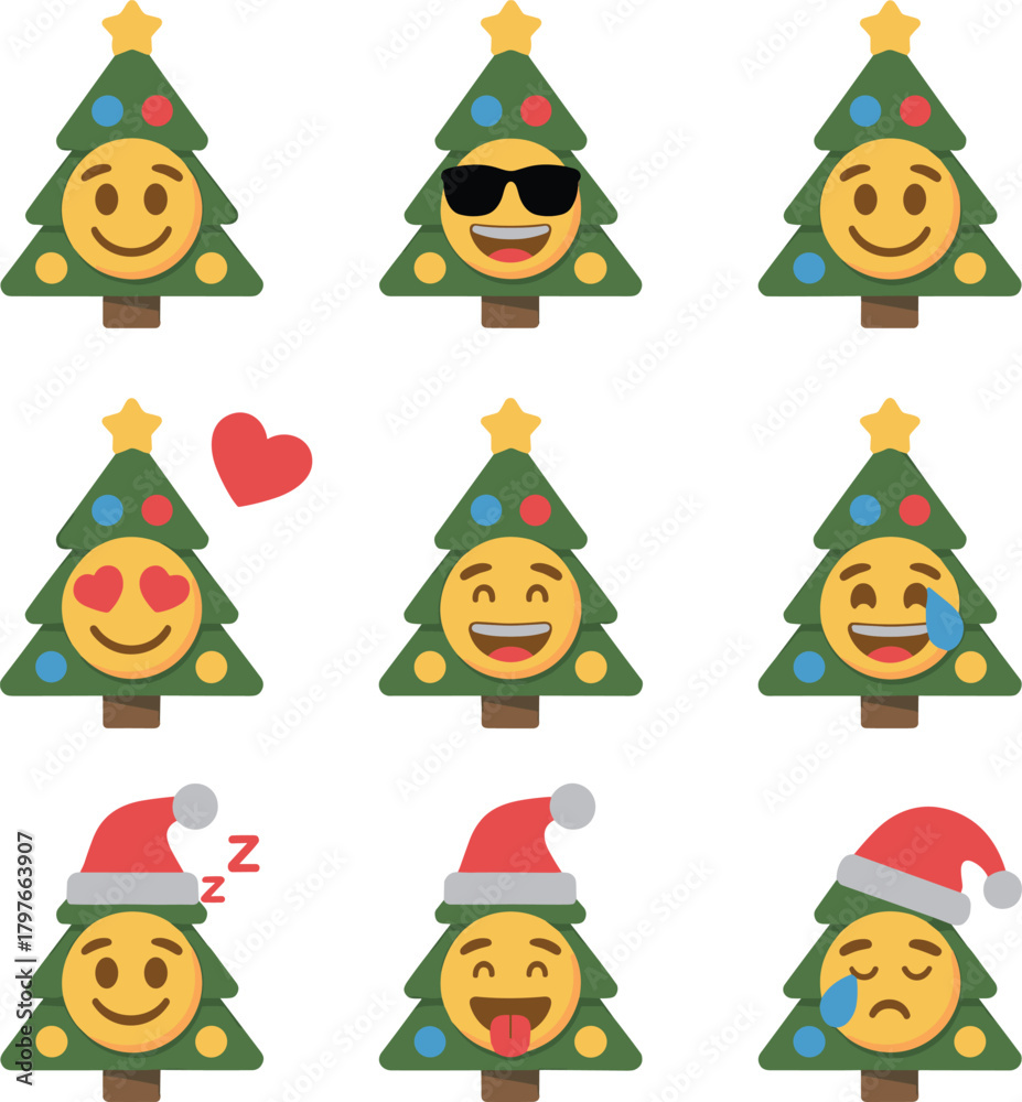 Fototapeta premium Vector Set of Christmas Tree Emojis, Holiday Mascot Characters with Emotional Expressions