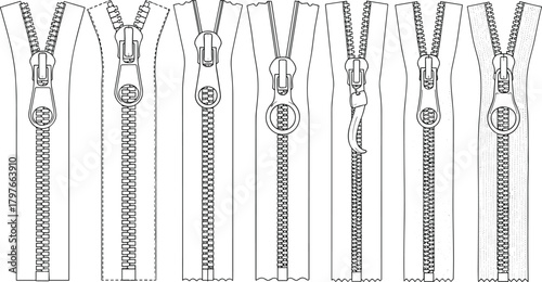 Detailed vector illustration of various zipper types and fasteners, including coil, plastic molded, metal, open-end, and close-end designs, for clothing and accessories.