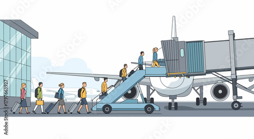Travelers Boarding Airplane Through Jet Bridge At Airport Terminal