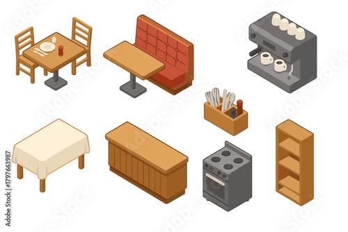 Isometric collection of furniture and equipment for restaurant and cafe kitchen