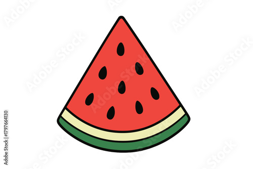 Brightly colored triangular slice of fresh watermelon with black seeds and rind