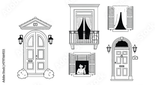 Illustration of various colorful doors and windows with different details