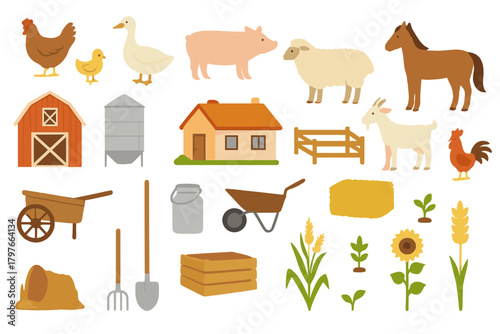 Essential farm animals, agricultural equipment, structures, and crops isolated on white background