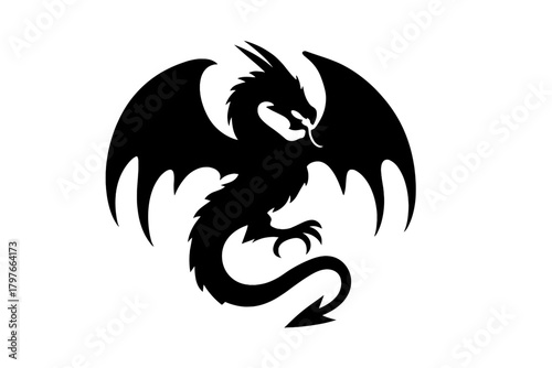 Majestic black silhouette of a mythical winged dragon with sharp claws and tail coiled